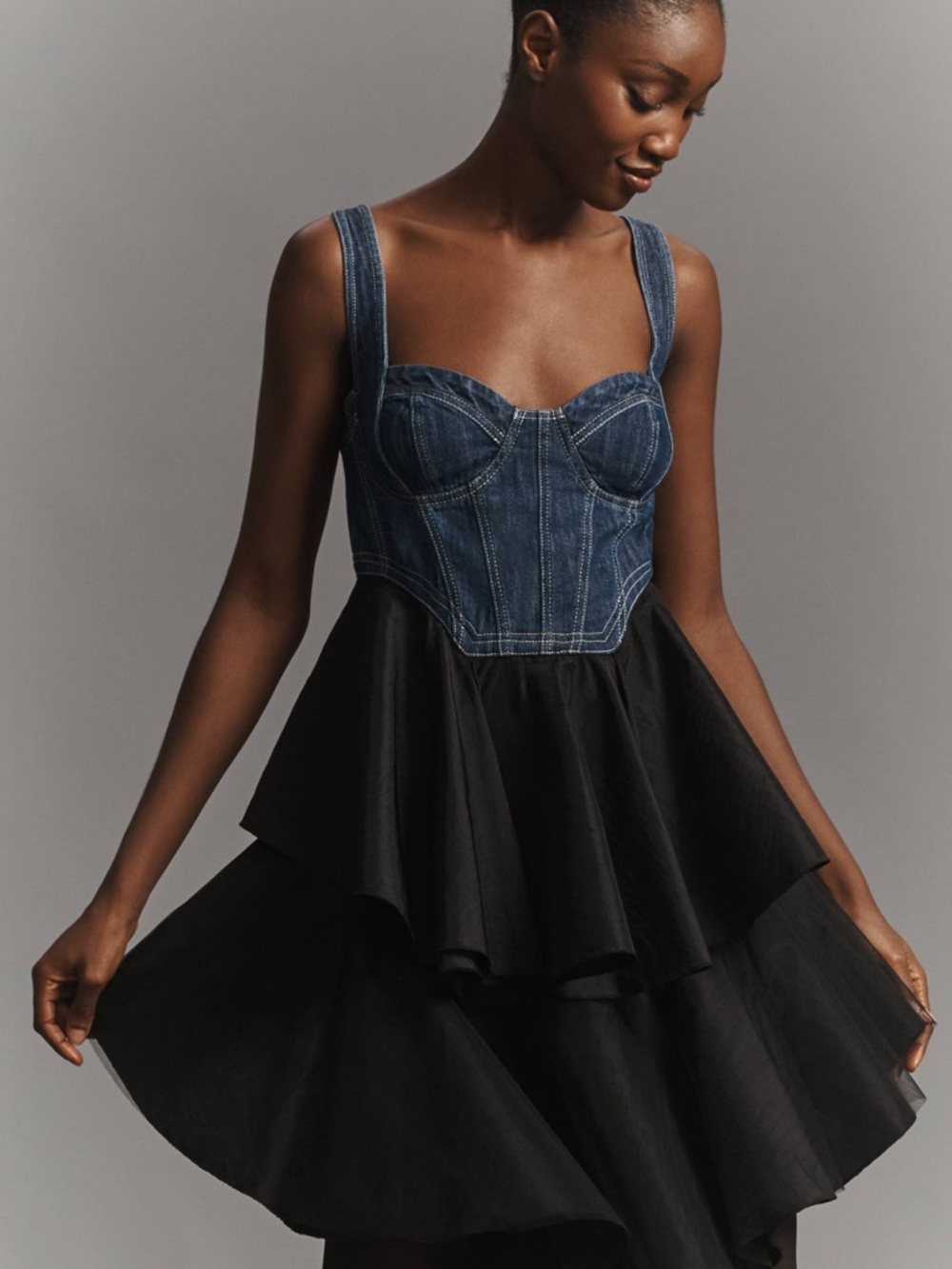 Denim Bustier Top with Black Tiered Skirt Dress